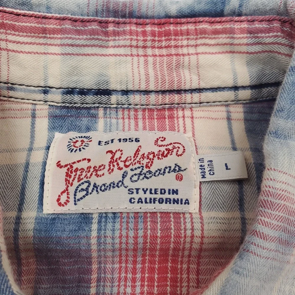 True Religion Shirt Men Large Red White Blue Plaid Western Pearl Snap Y2K Cowboy